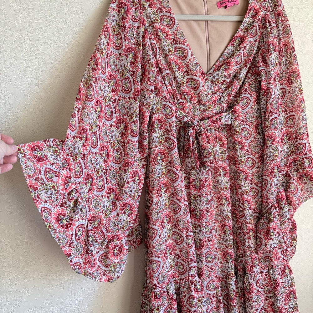 Betsey Johnson Floral V-Neck Dress with Tiered Ruffle and Bell Sleeves (Sz. 4)